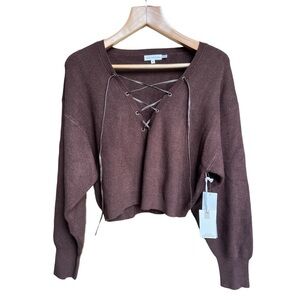 NWT Good American Chocolate Brown Oversized Crop Rib Lace Up Sweater, Sz 5 2XL